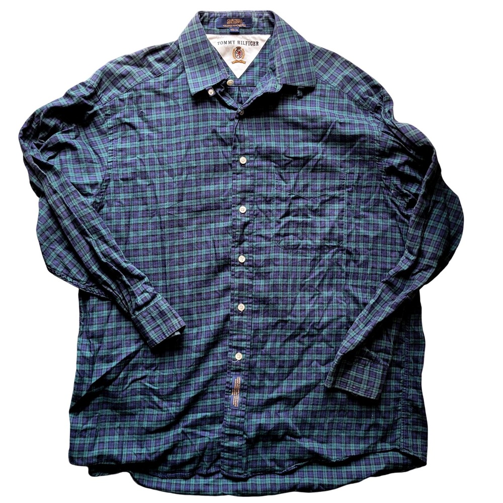 Tommy Hilfiger Vintage Plaid Button Down Shirt 16-1/2 34 Green Blue Logo 90s Y2K